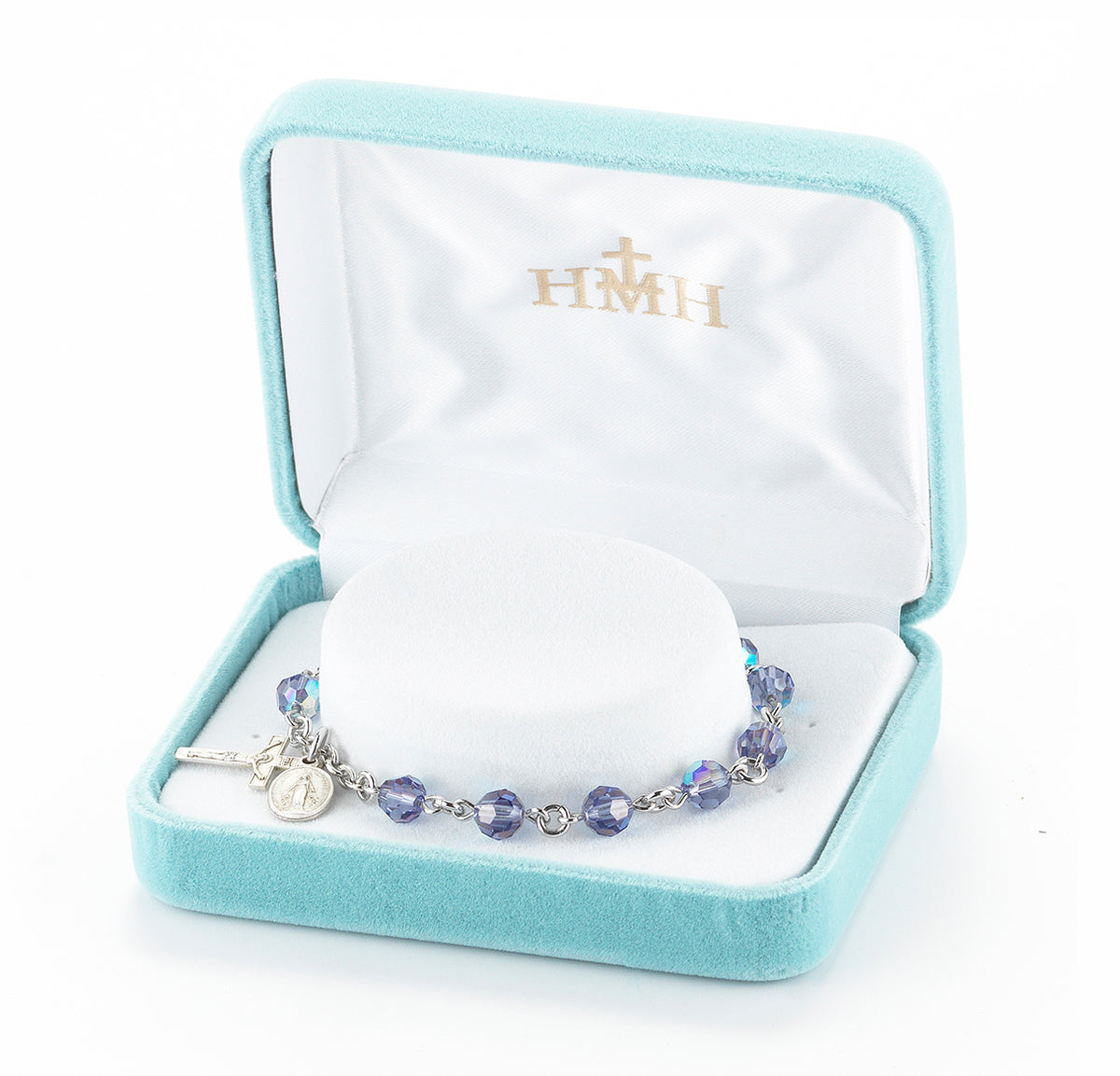 6mm Tanzanite Swarovski Crystal Round Rosary Bracelet, Sterling Silver Medal and Crucifix