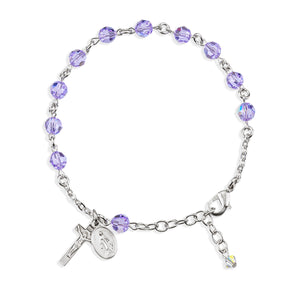 6mm Violet Swarovski Crystal Round Rosary Bracelet, Sterling Silver Medal and Crucifix