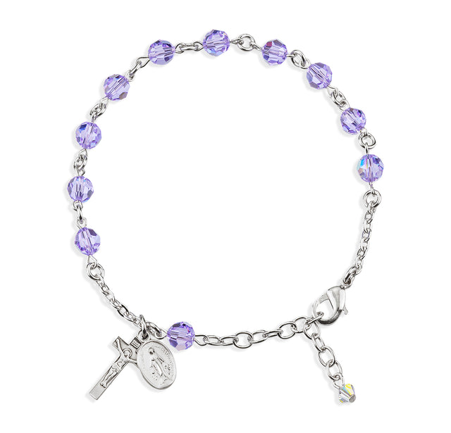 6mm Violet Swarovski Crystal Round Rosary Bracelet, Sterling Silver Medal and Crucifix