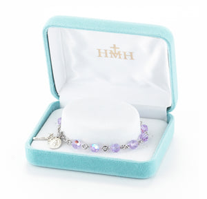 6mm Violet Swarovski Crystal Round Rosary Bracelet, Sterling Silver Medal and Crucifix