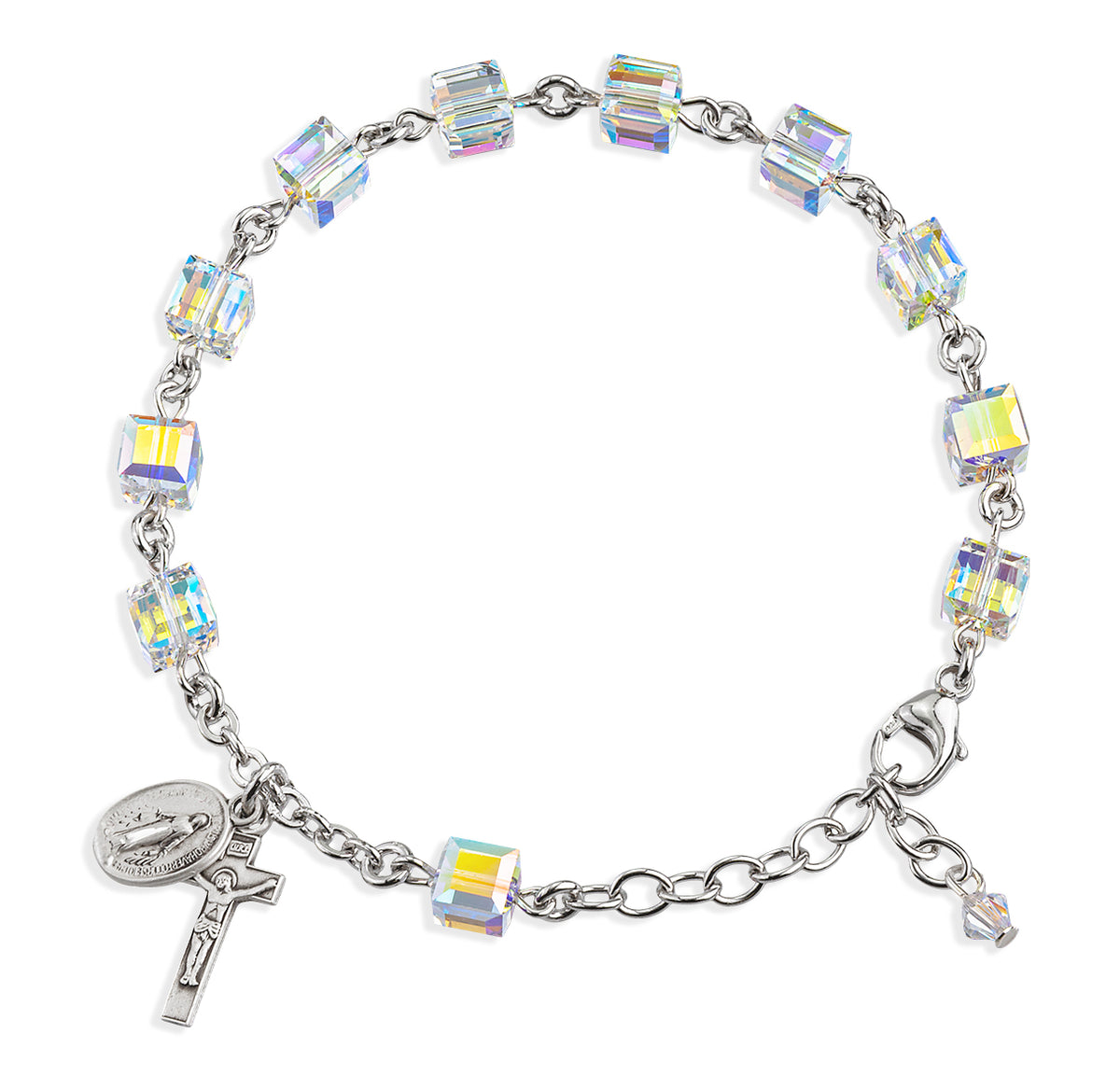 6mm Aurora Borealis Swarovski Crystal Cube Rosary Bracelet, Sterling Silver Medal and Crucifix
