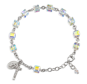 6mm Aurora Borealis Swarovski Crystal Cube Rosary Bracelet, Sterling Silver Medal and Crucifix