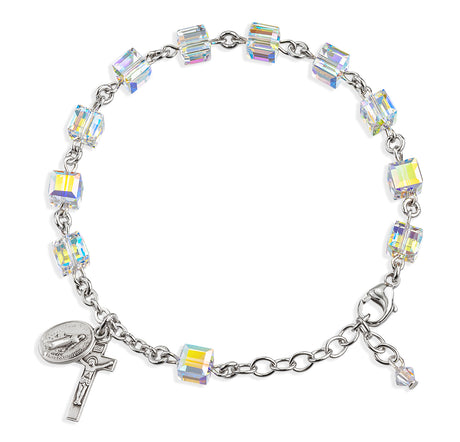 6mm Aurora Borealis Swarovski Crystal Cube Rosary Bracelet, Sterling Silver Medal and Crucifix