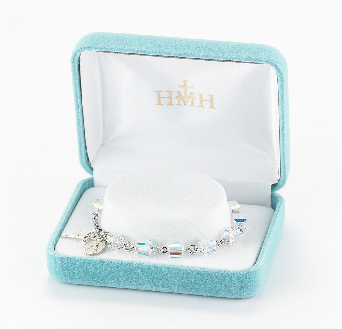 6mm Aurora Borealis Swarovski Crystal Cube Rosary Bracelet, Sterling Silver Medal and Crucifix