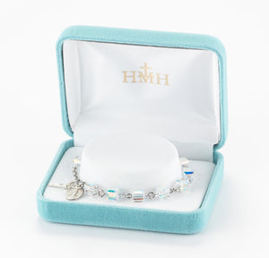 6mm Aurora Borealis Swarovski Crystal Cube Rosary Bracelet, Sterling Silver Medal and Crucifix