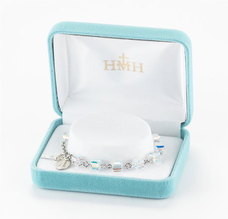 6mm Aurora Borealis Swarovski Crystal Cube Rosary Bracelet, Sterling Silver Medal and Crucifix