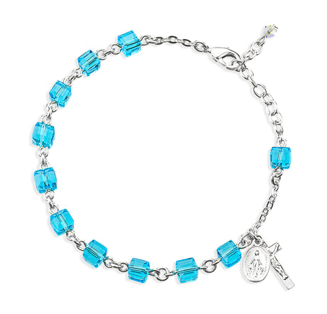 6mm Aqua Crystal Cube Rosary Bracelet, Sterling Silver Medal and Crucifix