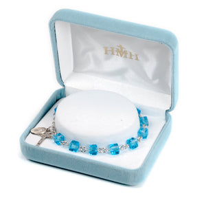 6mm Aqua Crystal Cube Rosary Bracelet, Sterling Silver Medal and Crucifix
