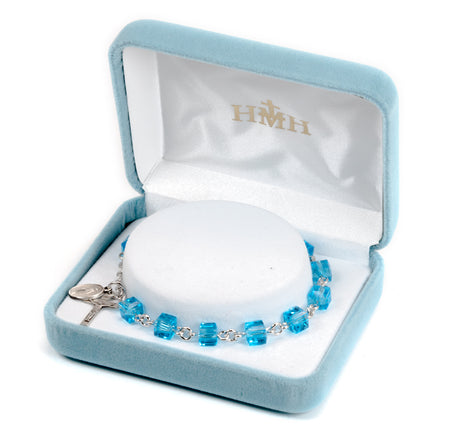 6mm Aqua Crystal Cube Rosary Bracelet, Sterling Silver Medal and Crucifix