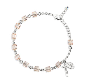 6mm Light Rose Crystal Cube Rosary Bracelet, Sterling Silver Medal and Crucifix