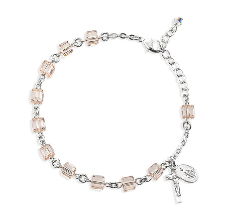 6mm Light Rose Crystal Cube Rosary Bracelet, Sterling Silver Medal and Crucifix