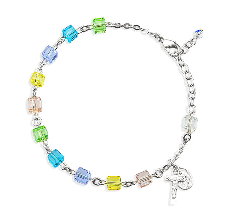 6mm Multi-Color Crystal Cube Rosary Bracelet, Sterling Silver Medal and Crucifix