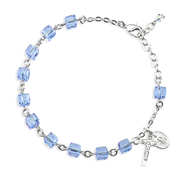 6mm Violet Crystal Cube Rosary Bracelet, Sterling Silver Medal and Crucifix