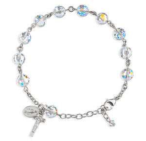 8mm Aurora Borealis Swarovski Crystal Multi-Faceted Rosary Bracelet, Sterling Silver Medal and Crucifix
