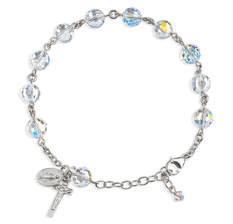 8mm Aurora Borealis Swarovski Crystal Multi-Faceted Rosary Bracelet, Sterling Silver Medal and Crucifix