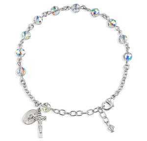 6mm Aurora Borealis Swarovski Crystal Multi-Faceted Rosary Bracelet, Sterling Silver Medal and Crucifix
