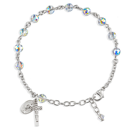 6mm Aurora Borealis Swarovski Crystal Multi-Faceted Rosary Bracelet, Sterling Silver Medal and Crucifix