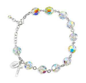 10mm Aurora Borealis Swarovski Crystal Round Rosary Bracelet, Sterling Silver Medal and Crucifix