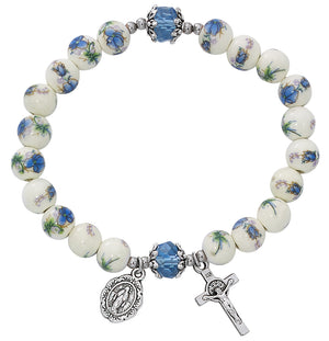 Blue Ceramic Stretch Bracelet with Crucifix and Miraculous Medal
