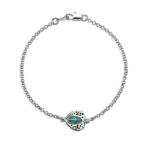 Hand Painted Heart Miraculous Medal Bracelet, Sterling Silver on Rolo Chain