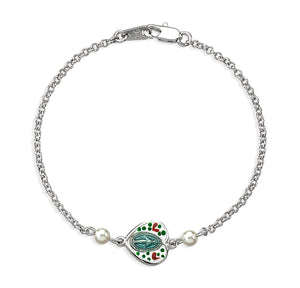 Painted Flower Heart Miraculous Medal Bracelet with Pearls, Sterling Silver on Rolo Chain