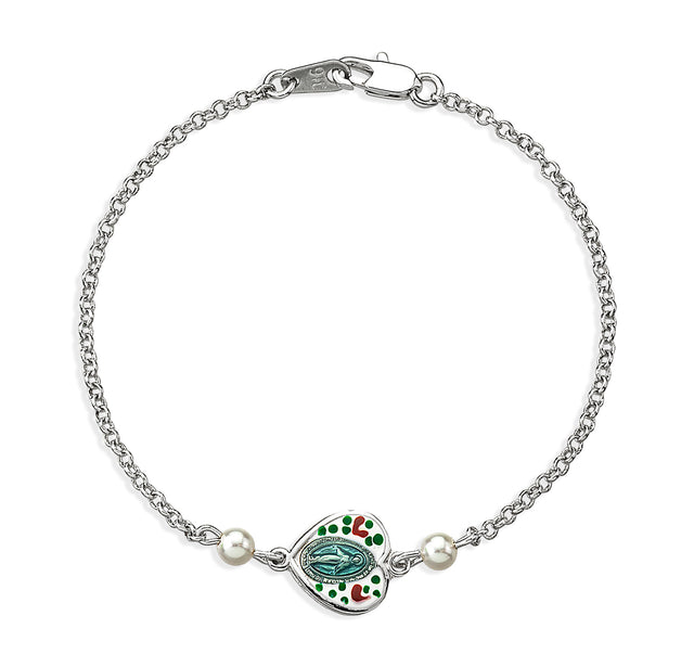Painted Flower Heart Miraculous Medal Bracelet with Pearls, Sterling Silver on Rolo Chain