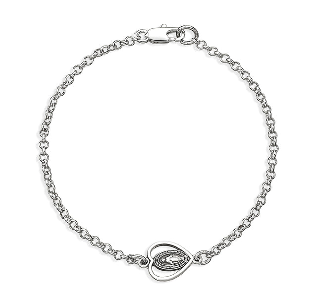 Cut Out Heart Miraculous Medal Bracelet, Sterling Silver on Rolo Chain