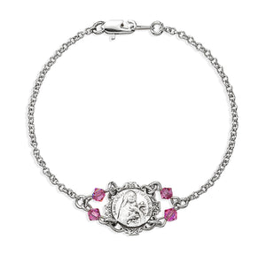 Saint Therese Medal Bracelet with Pink Crystal Beads, Sterling Silver on Rolo Chain