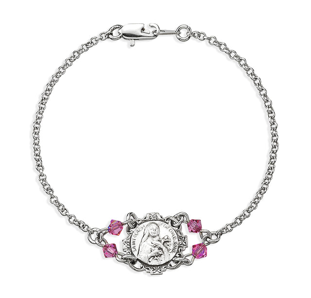 Saint Therese Medal Bracelet with Pink Crystal Beads, Sterling Silver on Rolo Chain