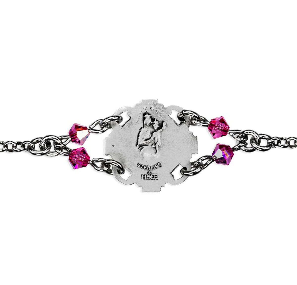 Saint Therese Medal Bracelet with Pink Crystal Beads, Sterling Silver on Rolo Chain