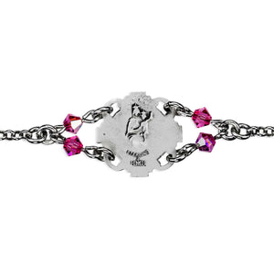 Saint Therese Medal Bracelet with Pink Crystal Beads, Sterling Silver on Rolo Chain