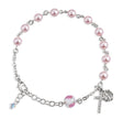 6mm Pink Swarovski Crystal Pearl Rosary Bracelet with Rose Glass Our Father Bead, Silver Oxidized Medal and Crucifix
