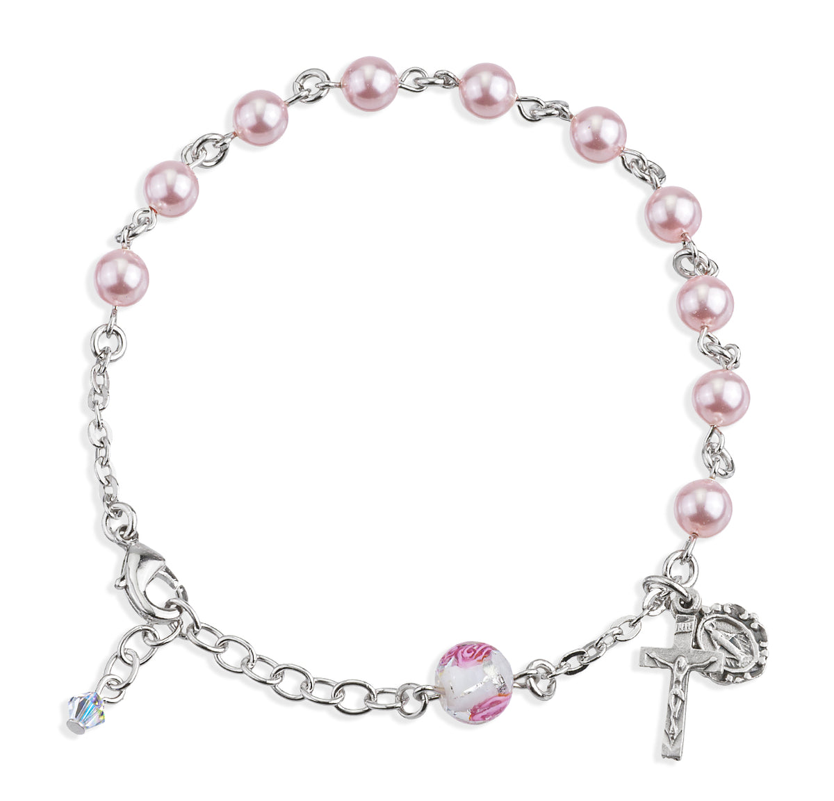 6mm Pink Swarovski Crystal Pearl Rosary Bracelet with Rose Glass Our Father Bead, Silver Oxidized Medal and Crucifix