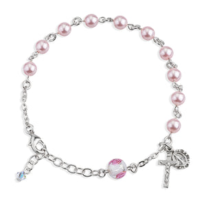 6mm Pink Swarovski Crystal Pearl Rosary Bracelet with Rose Glass Our Father Bead, Silver Oxidized Medal and Crucifix