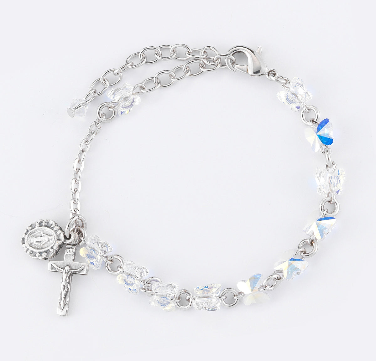 6mm Aurora Borealis Swarovski Crystal Butterfly Rosary Bracelet, Silver Oxidized Medal and Crucifix