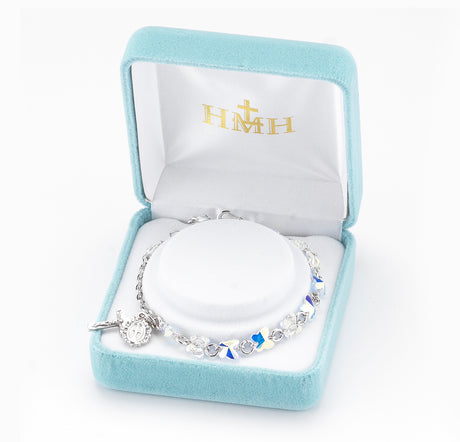 6mm Aurora Borealis Swarovski Crystal Butterfly Rosary Bracelet, Silver Oxidized Medal and Crucifix