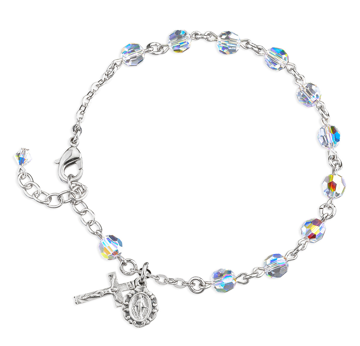 6mm Aurora Borealis Swarovski Crystal Round Rosary Bracelet, Silver Oxidized Medal and Crucifix