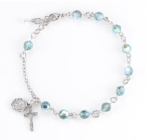 6mm Erinite Swarovski Crystal Round Rosary Bracelet, Silver Oxidized Medal and Crucifix