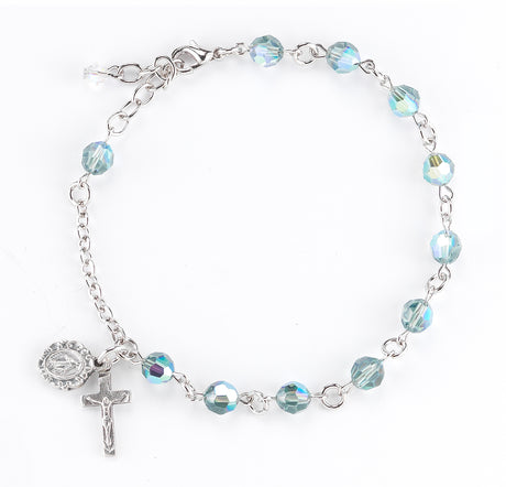 6mm Erinite Swarovski Crystal Round Rosary Bracelet, Silver Oxidized Medal and Crucifix