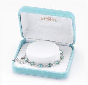 6mm Erinite Swarovski Crystal Round Rosary Bracelet, Silver Oxidized Medal and Crucifix