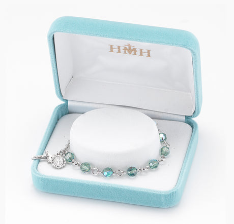 6mm Erinite Swarovski Crystal Round Rosary Bracelet, Silver Oxidized Medal and Crucifix
