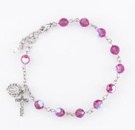 6mm Fuchsia Swarovski Crystal Round Rosary Bracelet, Silver Oxidized Medal and Crucifix
