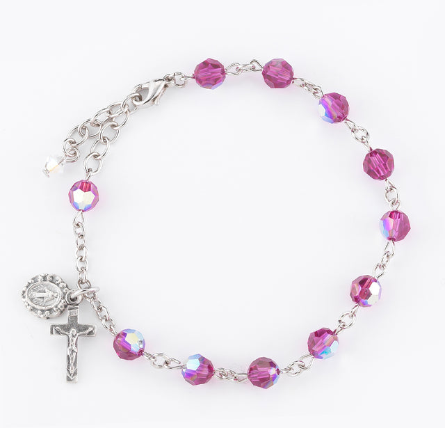 6mm Fuchsia Swarovski Crystal Round Rosary Bracelet, Silver Oxidized Medal and Crucifix