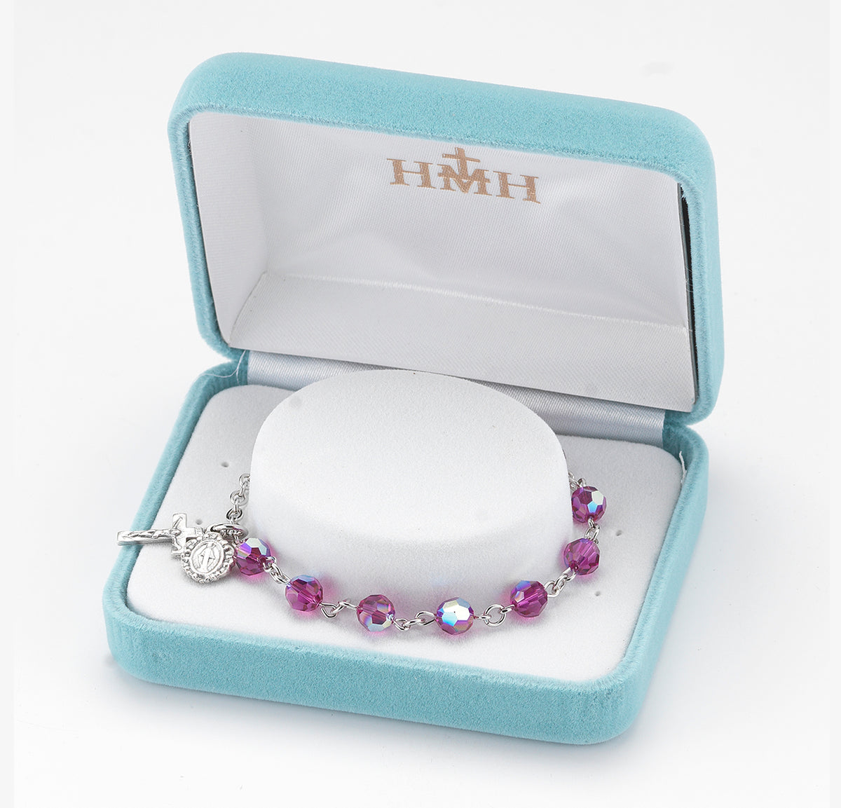 6mm Fuchsia Swarovski Crystal Round Rosary Bracelet, Silver Oxidized Medal and Crucifix