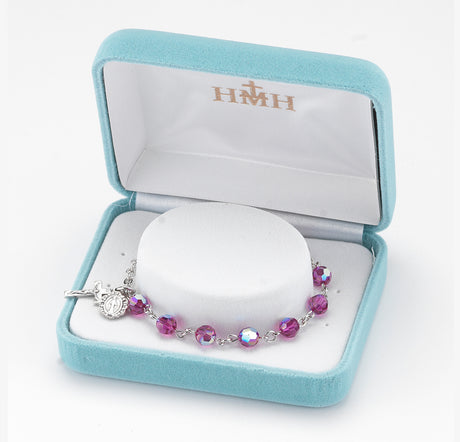 6mm Fuchsia Swarovski Crystal Round Rosary Bracelet, Silver Oxidized Medal and Crucifix
