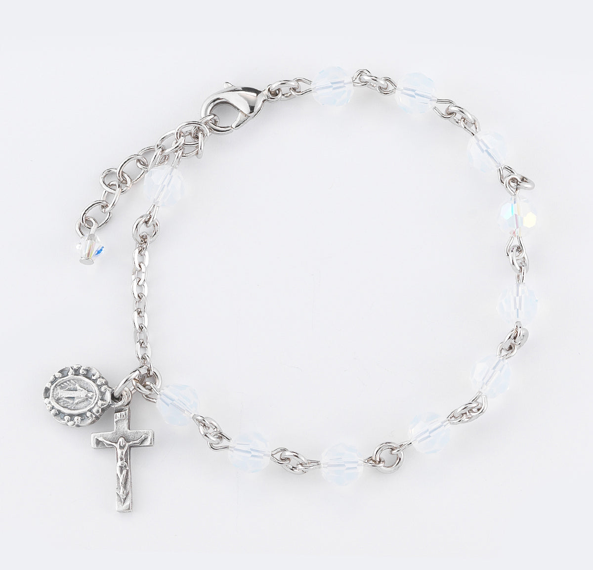 6mm Opal Swarovski Crystal Round Rosary Bracelet, Silver Oxidized Medal and Crucifix
