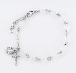 6mm Opal Swarovski Crystal Round Rosary Bracelet, Silver Oxidized Medal and Crucifix