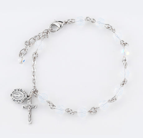6mm Opal Swarovski Crystal Round Rosary Bracelet, Silver Oxidized Medal and Crucifix
