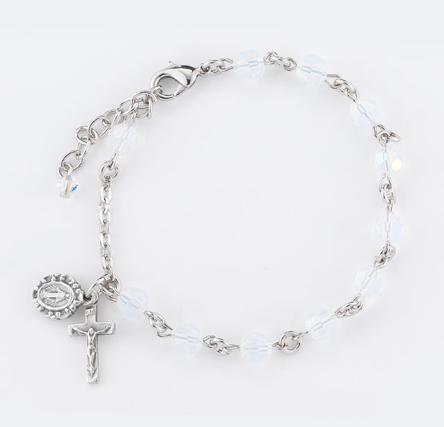 6mm Opal Swarovski Crystal Round Rosary Bracelet, Silver Oxidized Medal and Crucifix