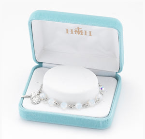 6mm Opal Swarovski Crystal Round Rosary Bracelet, Silver Oxidized Medal and Crucifix